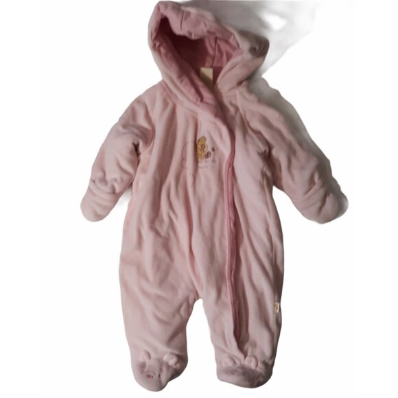 Disney Classic Pooh Baby Girl Hooded Pink Fleece Footed Onesie Embroidery 6M - Picture 1 of 7